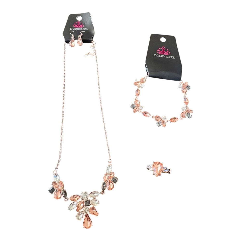 Paparazzi Rose Gold Peach Iridescent Rhinestone Necklace Earring Bracelet Ring